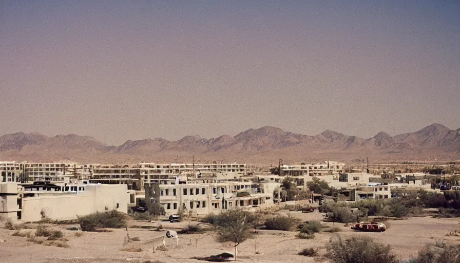 Prompt: 1 9 7 0 s movie still of a empty huge neoclassical town with high - rise in the desert, cinestill 8 0 0 t 3 5 mm eastmancolor, heavy grain, high quality, high detailed