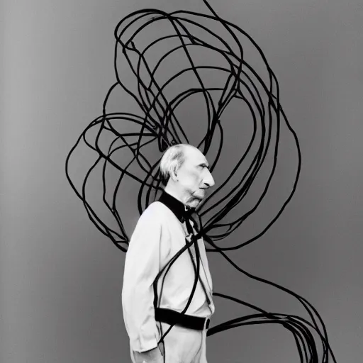 Prompt: a minimalist portrait of Marcel Duchamp holding computer cables in the style of Annie Leibovitz, Irving Penn, Hito Steyerl, Akira Kurosawa, Shinya Tsukamoto, wide angle, monochrome, futuristic tetsuo