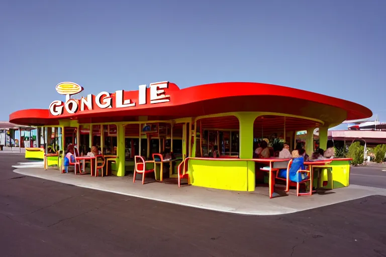 Image similar to 1 9 7 5 googie popsicle, people sitting at tables, googie architecture, two point perspective, americana, restaurant exterior photography, hd 4 k, taken by alex webb