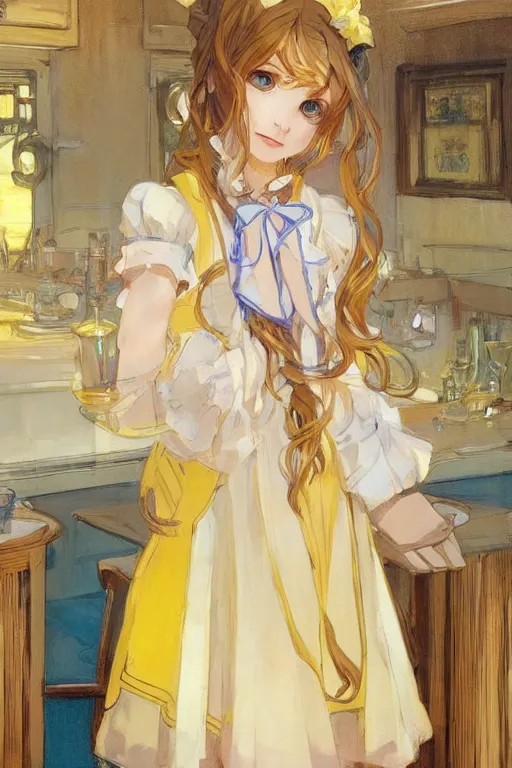 Prompt: A girl in a maid's outfit in a cafe a afternoon, wavy hair yellow theme with eye-catching blue assent ,S line,45 angel by krenz cushart and mucha and matchacha and greg rutkowski