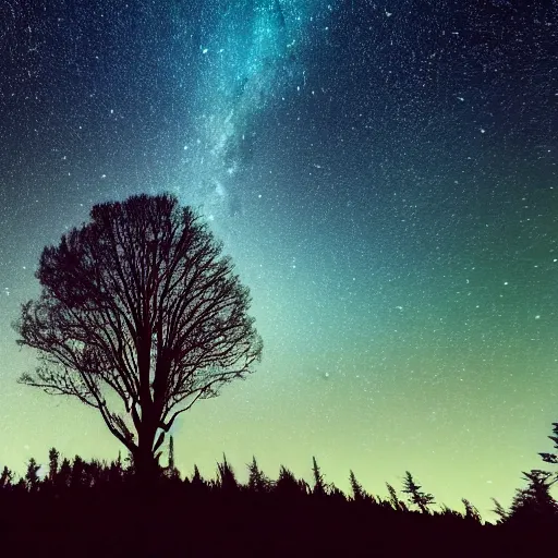 Image similar to a small planet that is covered in large trees and in front of many stars shining in the dark night sky