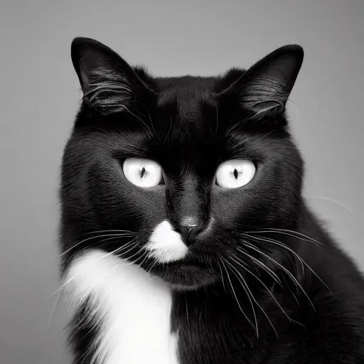 Image similar to fluffy black and white cat portrait, aesthetic highly detailed soft fur and paws, professionally shot photorealistic 8k photograph, 35mm Canon EOS R3, rendered in octane, by Natalie Große and Jason Allison