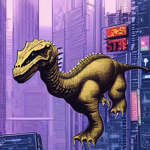 Image similar to detailed intricate colour illustration of a businessman riding a dinosaur, cyberpunk, sci-fi, concept art