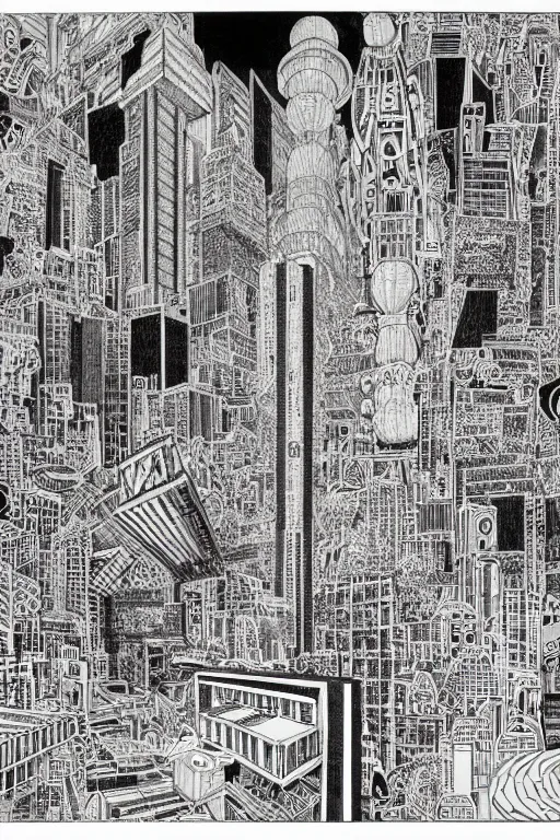 Prompt: a black and white drawing of a temple cityscape, a detailed mixed media collage by hiroki tsukuda and eduardo paolozzi and moebius, intricate linework, sketchbook psychedelic doodle comic drawing, geometric, street art, polycount, deconstructivism, matte drawing, academic art, constructivism