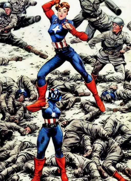 Image similar to beautiful female captain america standing on a pile of defeated german soldiers. feminist captain america wins wwii. american wwii propaganda poster by james gurney. anime