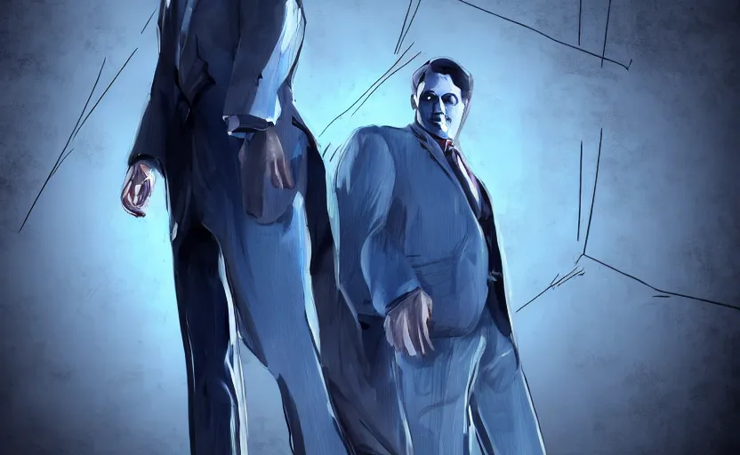 Image similar to cinematic view of a dead by daylight killer lawyer wearing a blue business suit, character portrait, digital art