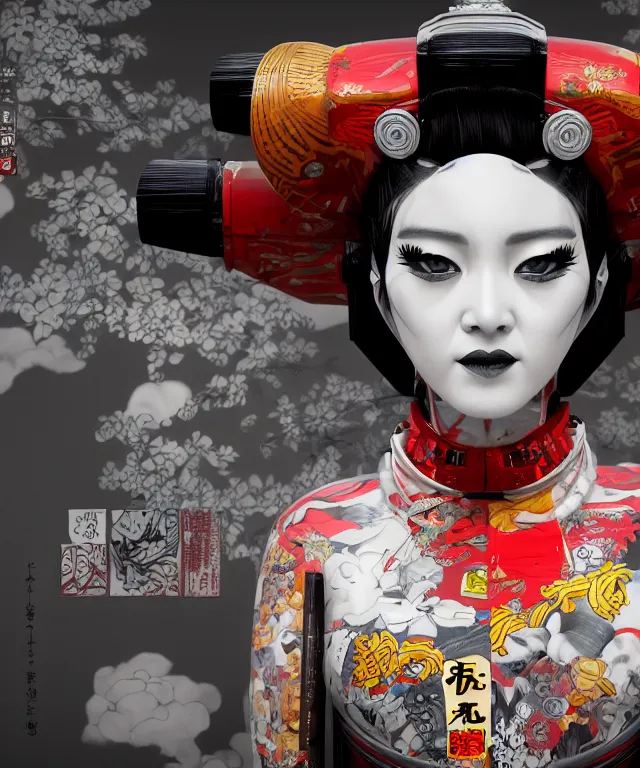 Image similar to an epic fantastic realism comic book style portrait painting of a japanese robotic geisha with kanji tattoos and decals, apex legends, octane render, intricate detail, 4 k hd, unreal engine 5