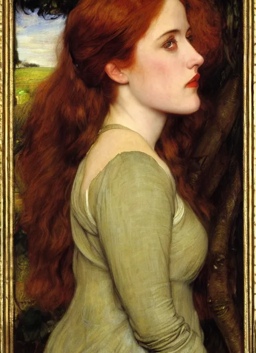 Image similar to a beautiful painting of young gillian anderson by John Everett Millais and Dante Gabriel Rossetti and John Collier and john william waterhouse, pre-raphaelite, detailed, trending on artstation