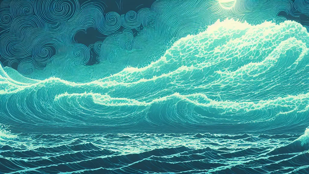 Prompt: highly detailed illustration of high exposure ocean waves at night by makoto shinkai, by nico delort, by dan mumford, by otomo, by kilian eng, by moebius, kodachrome, 4 k resolution