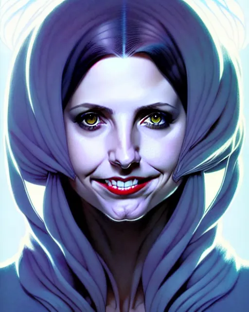 Prompt: artgerm, joshua middleton comic cover art, pretty ghost sarah michelle gellar full body, creepy smile, friendly, symmetrical eyes, symmetrical face, long white hair, inside haunted house