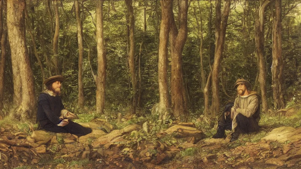 Prompt: a man sitting in the woods pre - raphaelite brotherhood