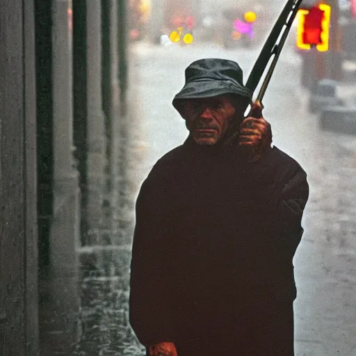 Image similar to closeup portrait of a man fishing in a rainy new york street, photography, natural light, Steve McCurry