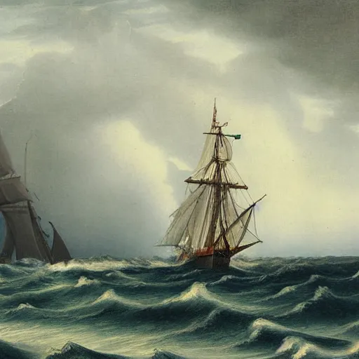 Prompt: schooner caught in a storm, Carl Friedrich