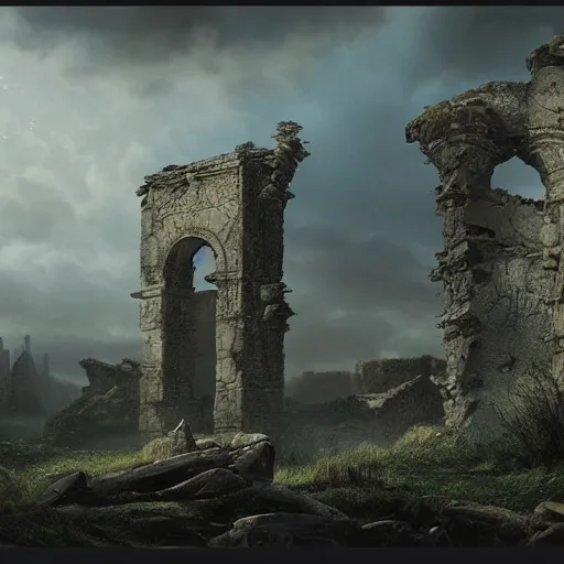 Prompt: intricate matte painting, dramatic landscape, ruins