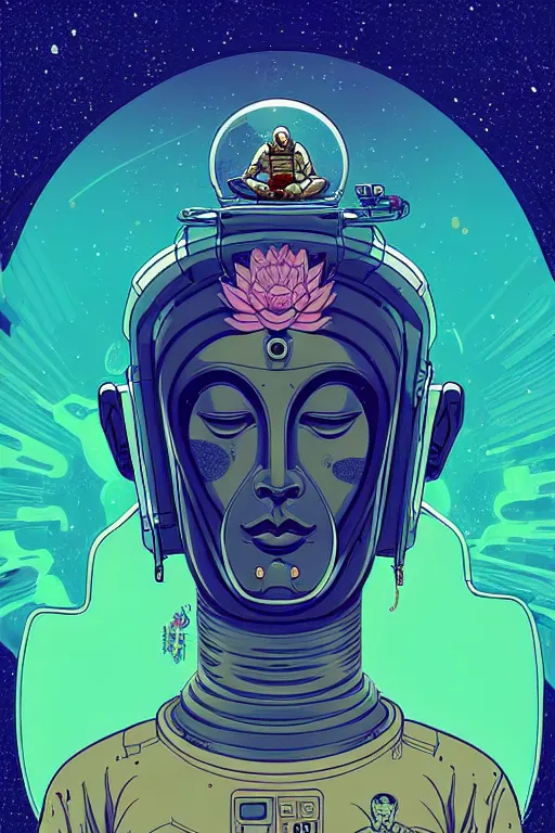 Image similar to a study of cell shaded cyborg astronaut buddha meditating in a lotus flower illustration, golden ratio, post grunge portrait, character concept art by josan gonzalez, james jean, Mike Mignola, Laurie Greasley, highly detailed, sharp focus, alien, Artstation, deviantart, artgem