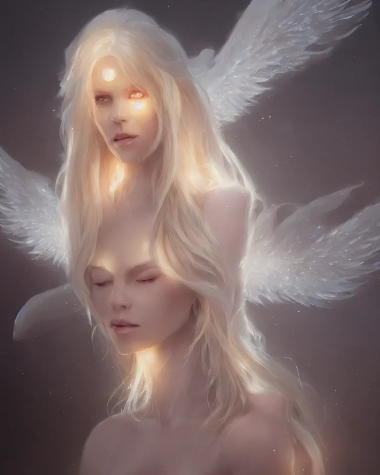 Image similar to portrait of a blonde fantasy goddess, white elegant clothing, glowing aura, angel wings, artstation, 4 k, greg rutkowski, concept art, matte painting