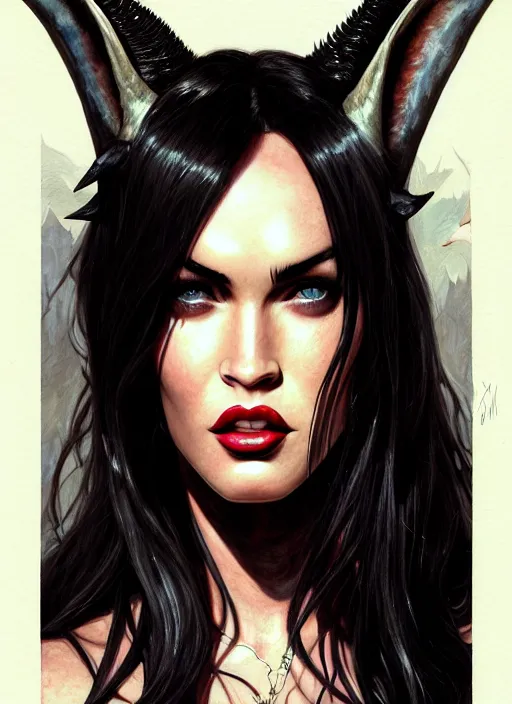 Image similar to portrait of megan fox as a evil demon, hornes, batwings, hell, jewelry, greek, dark, intricate, headshot, key visual, conceptart, ambient lighting, highly detailed, digital painting, artstation, concept art, sharp focus, by makoto shinkai and akihiko yoshida and greg manchess