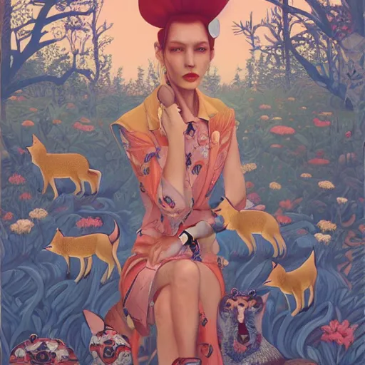 Image similar to pretty model with foxes : : by martine johanna and simon stalenhag and chie yoshii and casey weldon and wlop : : ornate, dynamic, particulate, rich colors, intricate, elegant, highly detailed, vogue, harper's bazaar art, fashion magazine, smooth, sharp focus, 8 k, octane render