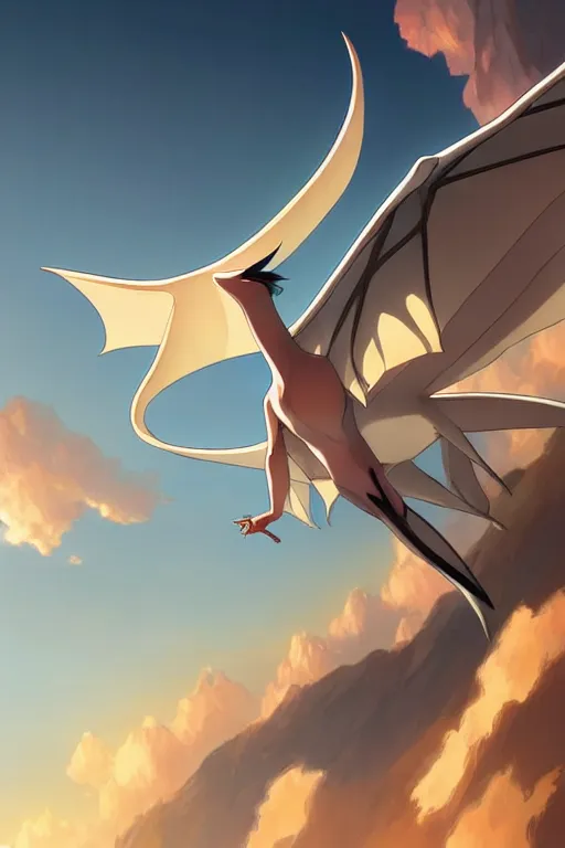 Image similar to a large smooth skinned white creature hybrid pterosaur, sitting on a cliff high in the sky, sunset, backlit, beautiful composition, by makoto shinkai an krenz cushart