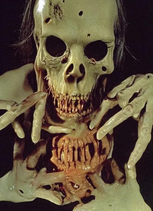 Prompt: horror practical fx of an a dismembered human with crooked teeth in the middle of a room by dario argento and david cronenberg 1 9 7 0 creepshow