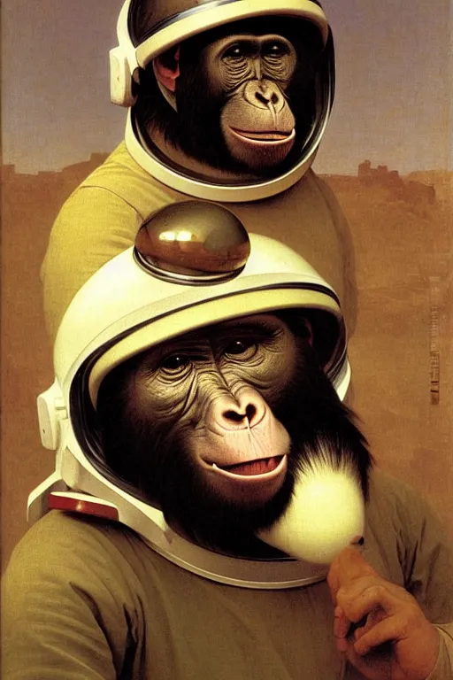 Image similar to portrait of one ape in astronaut helmet, by bouguereau