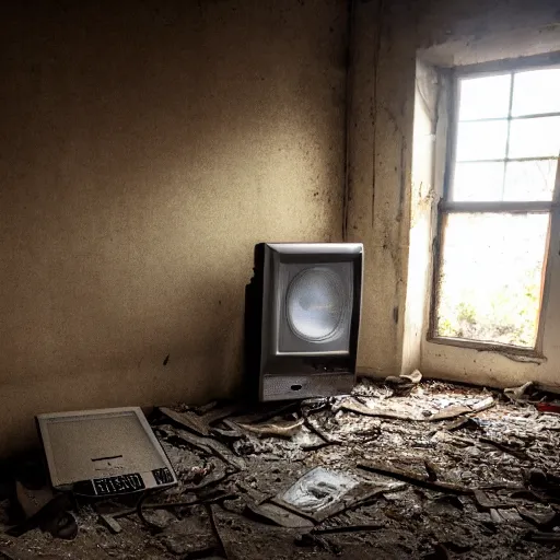 Image similar to abandoned room with old monitors inside, dark and dusty