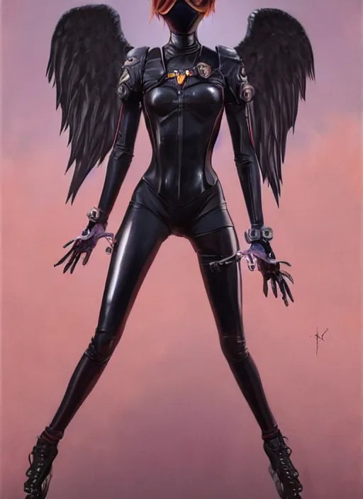 Prompt: full body artwork of tracer overwatch, wearing black latex outfit, in style of zdzisław beksinski, angel wings, dramatic painting, wearing detailed leather collar, black shiny armor, chains, black harness, detailed face and eyes,