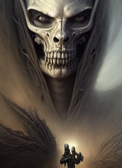 Image similar to closeup portrait shot of a grim reaper in a scenic dystopian environment, intricate, elegant, highly detailed, centered, digital painting, artstation, concept art, smooth, sharp focus, illustration, artgerm, tomasz alen kopera, peter mohrbacher, donato giancola, joseph christian leyendecker, wlop, boris vallejo