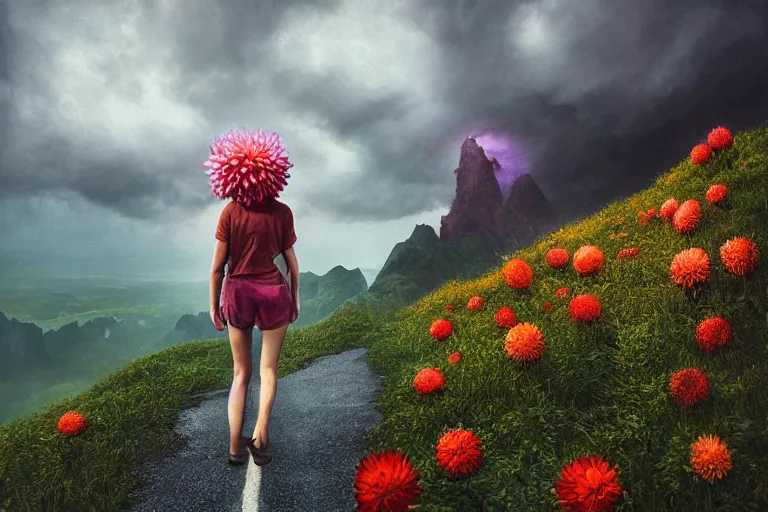 Image similar to giant dahlia flower head, girl walking on mountain, surreal photography, storm clouds, dramatic light, impressionist painting, digital painting, artstation, simon stalenhag