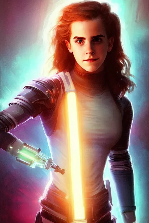 Image similar to portrait of cyborg Emma Watson as Hermione Granger in cyberpunk, neon lighting, night city, digital art from artstation by Ruan Jia and Mandy Jurgens and Artgerm and william-adolphe bouguereau and Greg Rutkowski and Wayne Barlowe