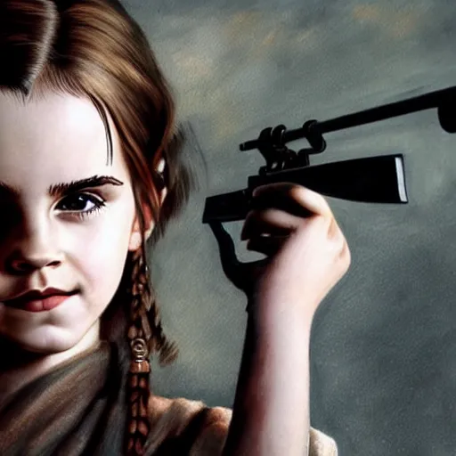Prompt: a stunning portrait painting of young Emma Watson, holding a rifle, extremely detailed, 4K