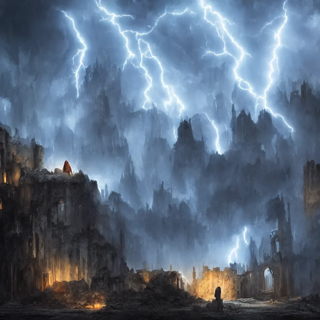 Image similar to a still of a cloaked figure standing in the ruins of crux prime, monastery, there is lightning, blue fiery maelstrom in the distance, it is raining, digital art, artstationhq