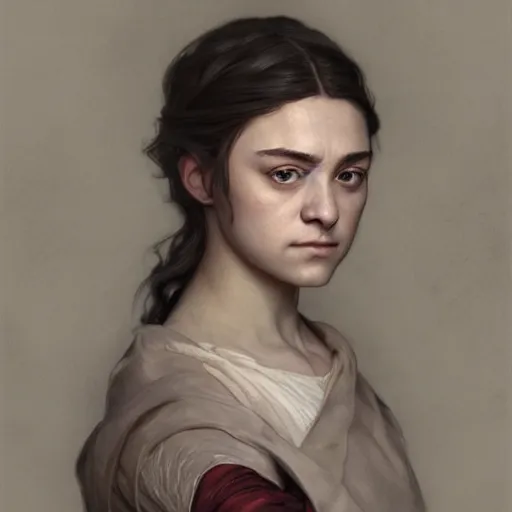 Image similar to portrait of arya stark, intricate, elegant, highly detailed, digital painting, artstation, concept art, smooth, sharp focus, illustration, art by artgerm and greg rutkowski and alphonse mucha and william - adolphe bouguereau