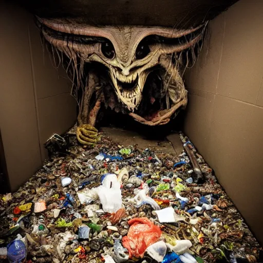 Prompt: eldrich trash eating monster in the basement of an apartment complex that bends reality and time, ultrarealistic, fleshy, photo