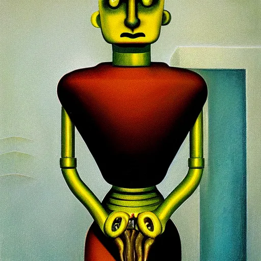 Image similar to super - intelligent robot with kind eyes portrait, grant wood, pj crook, edward hopper, oil on canvas