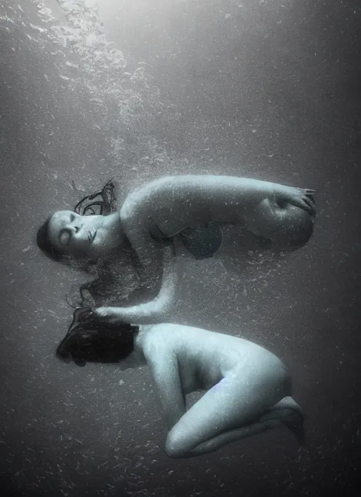 Prompt: a photo of a a vast underwater with a woman in the center curled and hugging her knees. Cinematic post-processing. Award winning portrait photography. Sharp eyes.