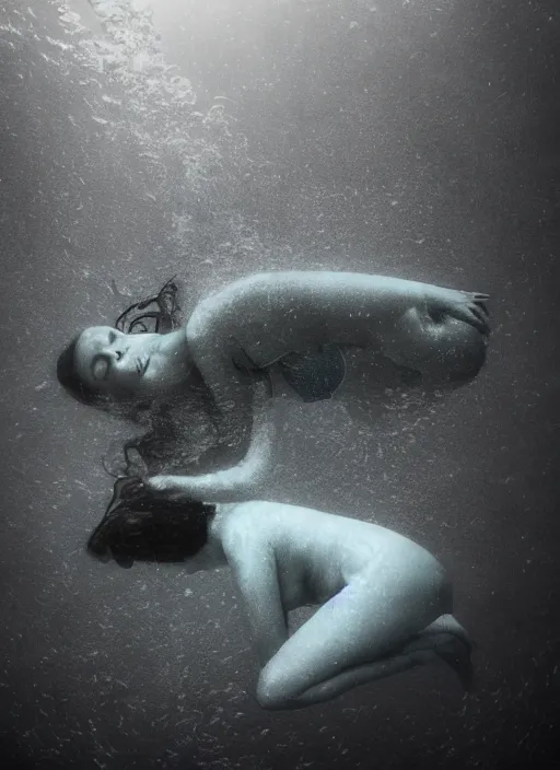 Image similar to a photo of a a vast underwater with a woman in the center curled and hugging her knees. Cinematic post-processing. Award winning portrait photography. Sharp eyes.