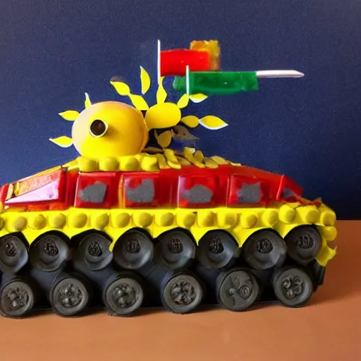 Prompt: war tank made of candy, sunny day