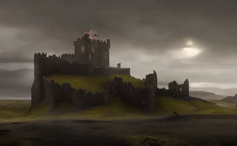 Image similar to wide angle shot of an old castle on an icelandic hill with moody and cinematic lighting by craig mullins, cinematic and atmospheric, concept art, artstation, trending on artstation