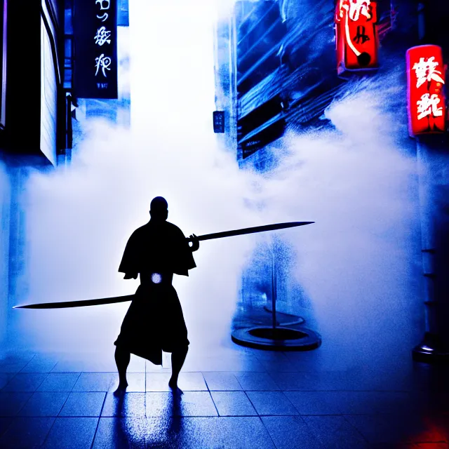 Image similar to cyber monk water dance slashing sword water, detailed bushido form water, fighting stance energy, shibuya prefecture, cinematic neon uplighting, fog mist smoke, photorealistic, night photography by tomino - sama