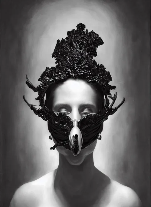 Image similar to highly detailed oil painting | very intricate | cinematic lighting | black and white, black background | the trumpet mask by alexander mcqueen | by roberto ferri, by leng jun, by j. c. leyendecker and klimt, american romanticism, by austin osman spare, artstation, cgsociety, official art, octane
