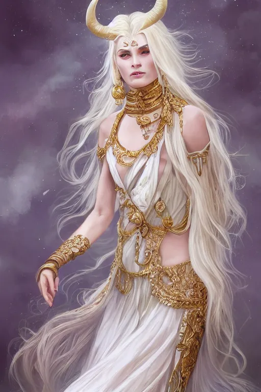 Prompt: fullbody!! of a beautiful woman with long white hair, big natural horns on her head, long flowing intricate dress, gold jewellery, dnd, face, fantasy, intricate, elegant, highly detailed, digital painting, artstation, concept art, smooth, sharp focus, illustration, art by artgerm and greg rutkowski and alphonse mucha