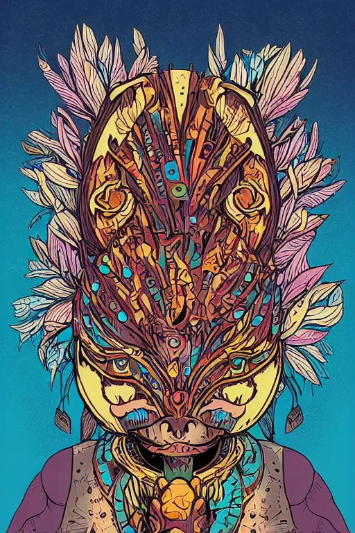 Image similar to animal mask totem roots flower tribal feather gemstone plant wood rock shaman vodoo video game vector cutout illustration vivid multicolor borderlands comics by josan gonzales and dan mumford radiating a glowing aura