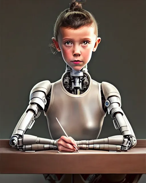 Image similar to weta disney pixar movie still head and torso portrait photo of young millie bobby brown lying on a science fiction table with a white ponytail as thoughtful intricate detailed mechanical plastic cyborg girl by pixar, by weta, wlop, ilya kuvshinov, rossdraws, artgerm, latex, iridescent, bright morning, anime, liosh, mucha