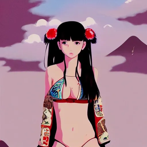 Image similar to a beautiful young japanese natalie portman alluring gravure model, anime graphic illustration, wearing oversized designer bomber jacket and one piece bikini, bulky poofy bomber jacket with mesoamerican patterns, mesoamerican native street fashion, princess mononoke screenshot, aesthetic, gorgeous, stunning, alluring, attractive, artstation, pinterest, digital art