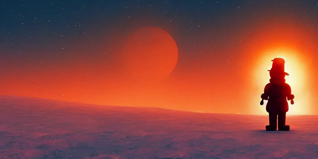 Image similar to a snowman standing on top of the sun. the ground is made entirely of fire and is glowing orange. cinematic, dramatic, epic, volumetric lighting, atmospheric, red, orange extremely coherent, 8 k, space