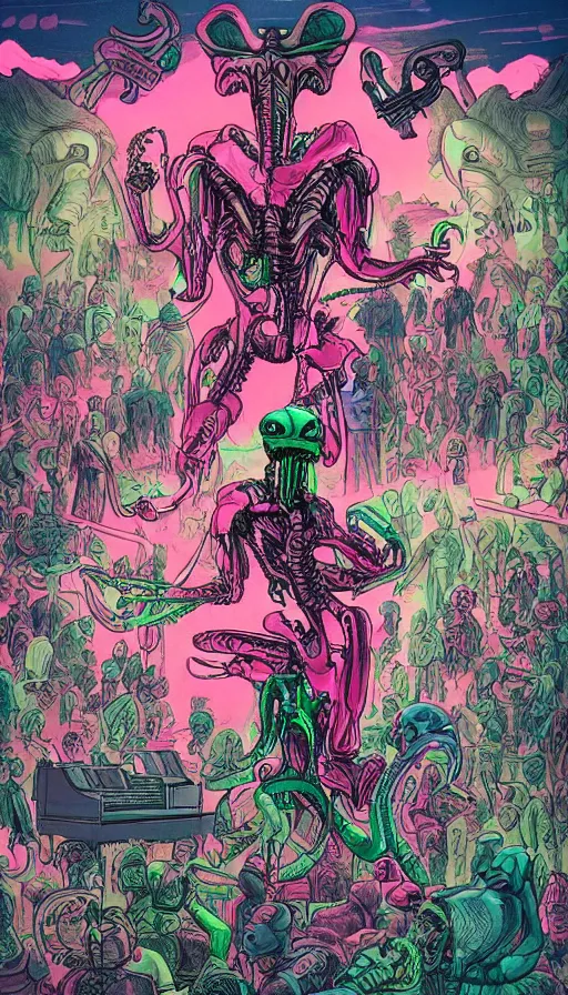 Image similar to a xenomorphic pink and green cyborg elephant playing piano in the middle of a liminal satanic landscape, a crowd of blue necromancers watching the show