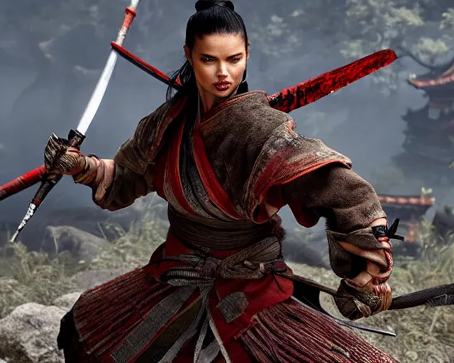 Prompt: adriana lima as a rogue warrior, full - body action scene, sekiro mountain