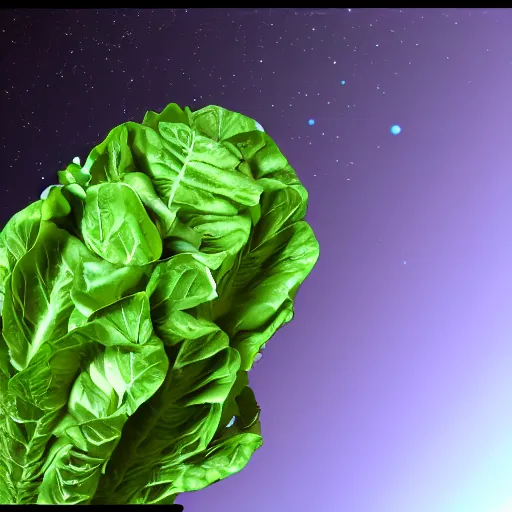 Prompt: a photorealistic 3D octane render of a head of romaine lettuce wearing sunglasses in space, trending on artstation, 8k, hyperrealistic