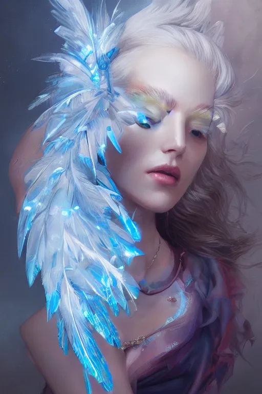 Image similar to beautiful model wearing crystal white feathers, blue magic, diamonds, angel, fantasy, dramatic lighting, highly detailed, digital painting, holding electricity, magic the gathering, hyper detailed, 3 d render, hyper realistic detailed portrait, peter mohrbacher, wlop, ruan jia